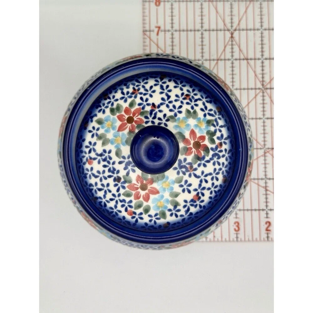 Ceramika Boleslawiec Handmade Blue & White Floral Ceramic Jar with Lid 6” Dia